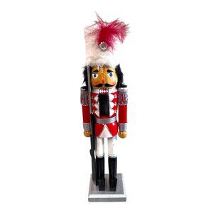 Traditional Wooden Red Nutcracker Toy Soldier Feather Plume Christmas Holiday
